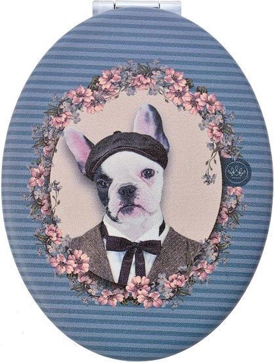 Een onmisbaar handig zakspiegeltje. Aan de binnenkant bevinden zich twee spiegels waarvan één vergrootspiegel. De spiegelglazen geven een mooi en helder beeld en ze vervormen niet. Een grappige afbeelding van een hond. Voor uzelf of Bestel Een Kado