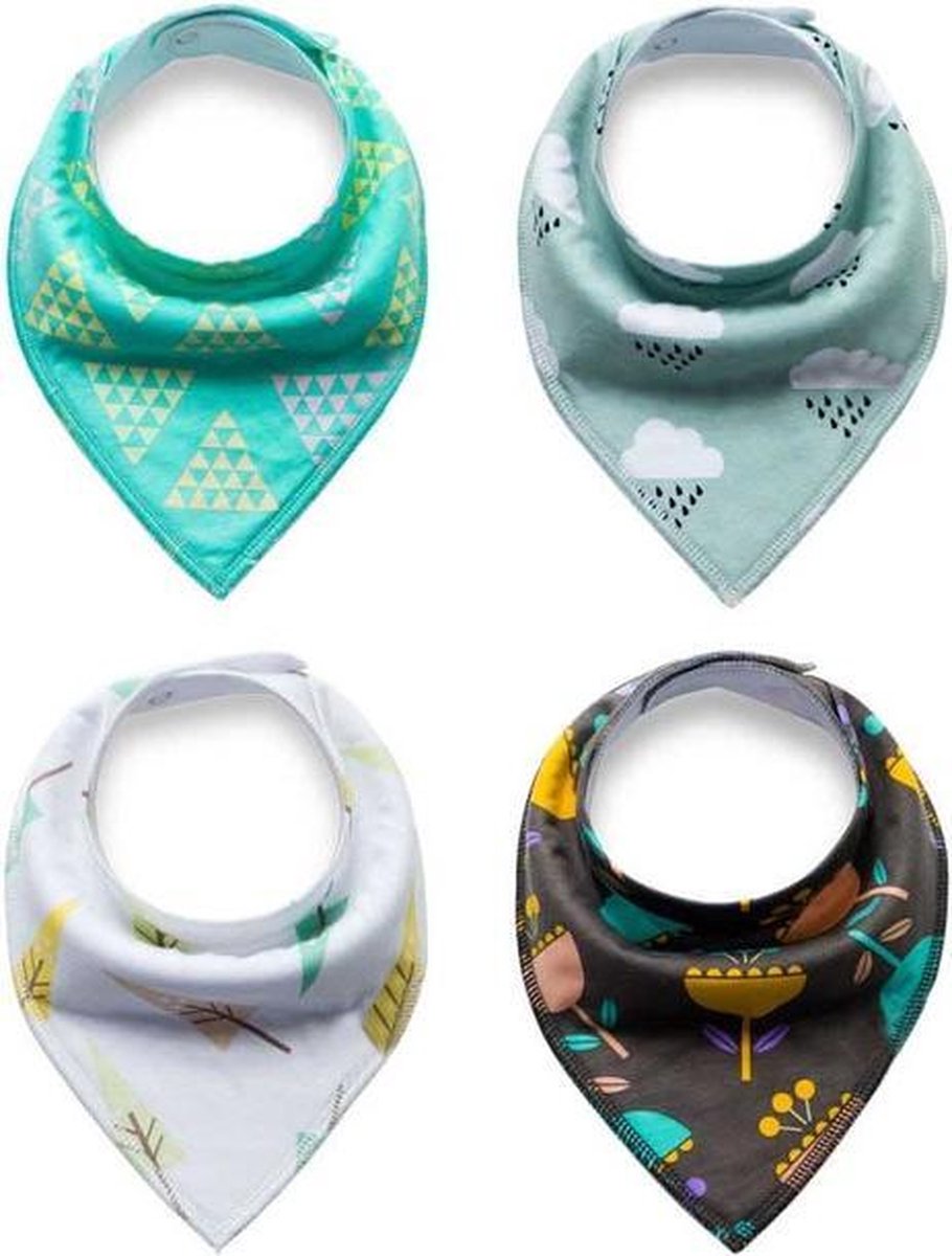 JillyBee - Slab - Slabbetje - Slabber - Bandana - 4pack - Driehoek - Bloemen - Bomen - Wolken - Regen