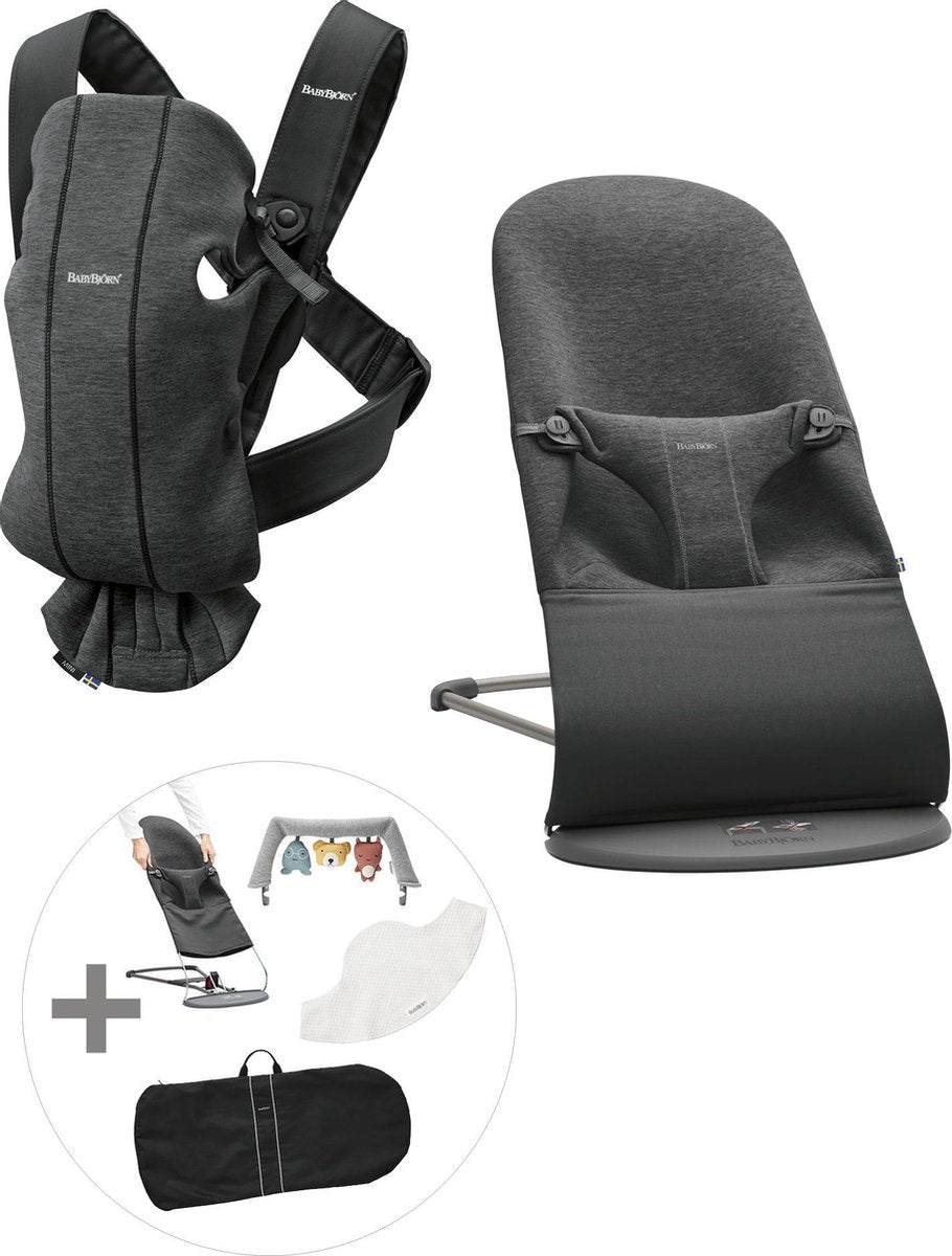 BABYBJÖRN Startkit - Wipstoel Bliss Houtskoolgrijs 3D Jersey incl. Speelboog - Transporttas - Stoffen Zitting en Draagzak Mini Houtskoolgrijs 3D Jersey incl. Slabbetje