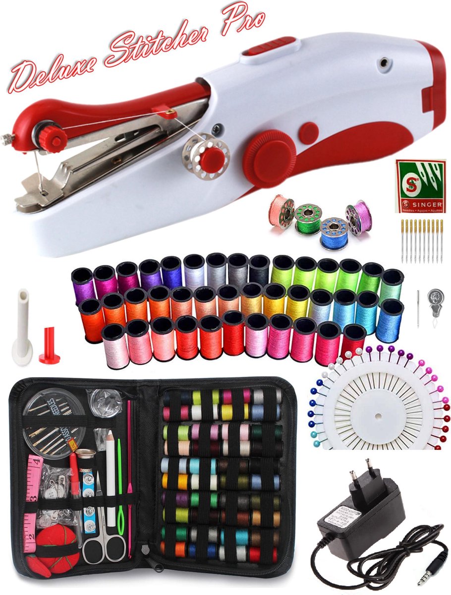 Deluxe Stitcher Pro - PREMIUM Handnaaimachine met Adapter + 141 Delige Starterskit -- Incl 11 reserve naalden - Draagbare Reis Hand Naaimachine - Incl. 44 spoelen met garen - Draadloos
