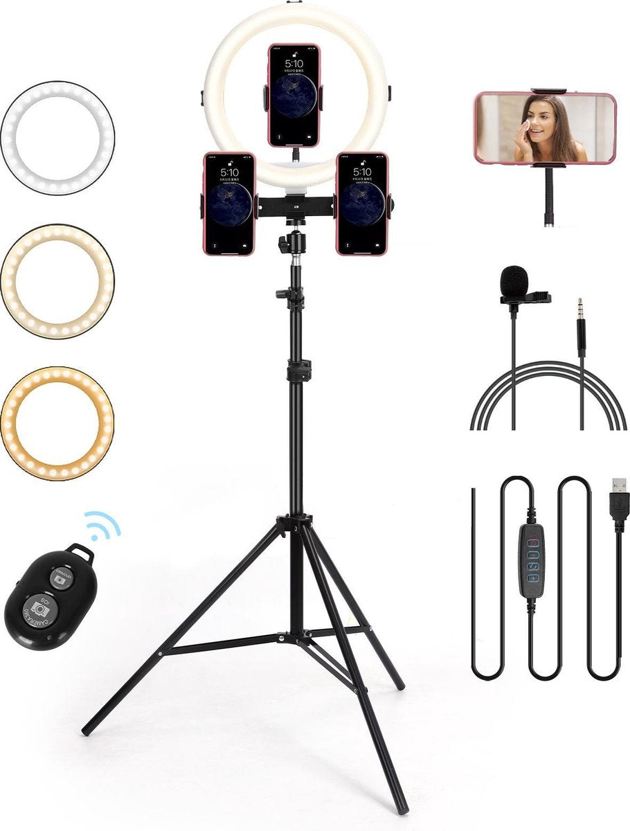 Aigostar 10UHR LED Licht - Smartphone Statief - Ringlamp - Ringlight met statief - Ring Light Lamp - Zwart