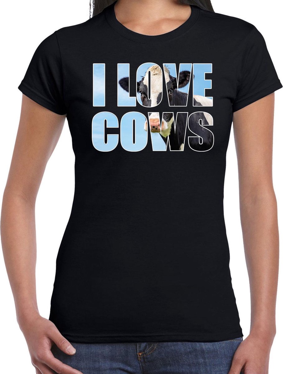 Tekst shirt I love cows met dieren foto van een koe zwart voor dames - cadeau t-shirt koeien liefhebber XS