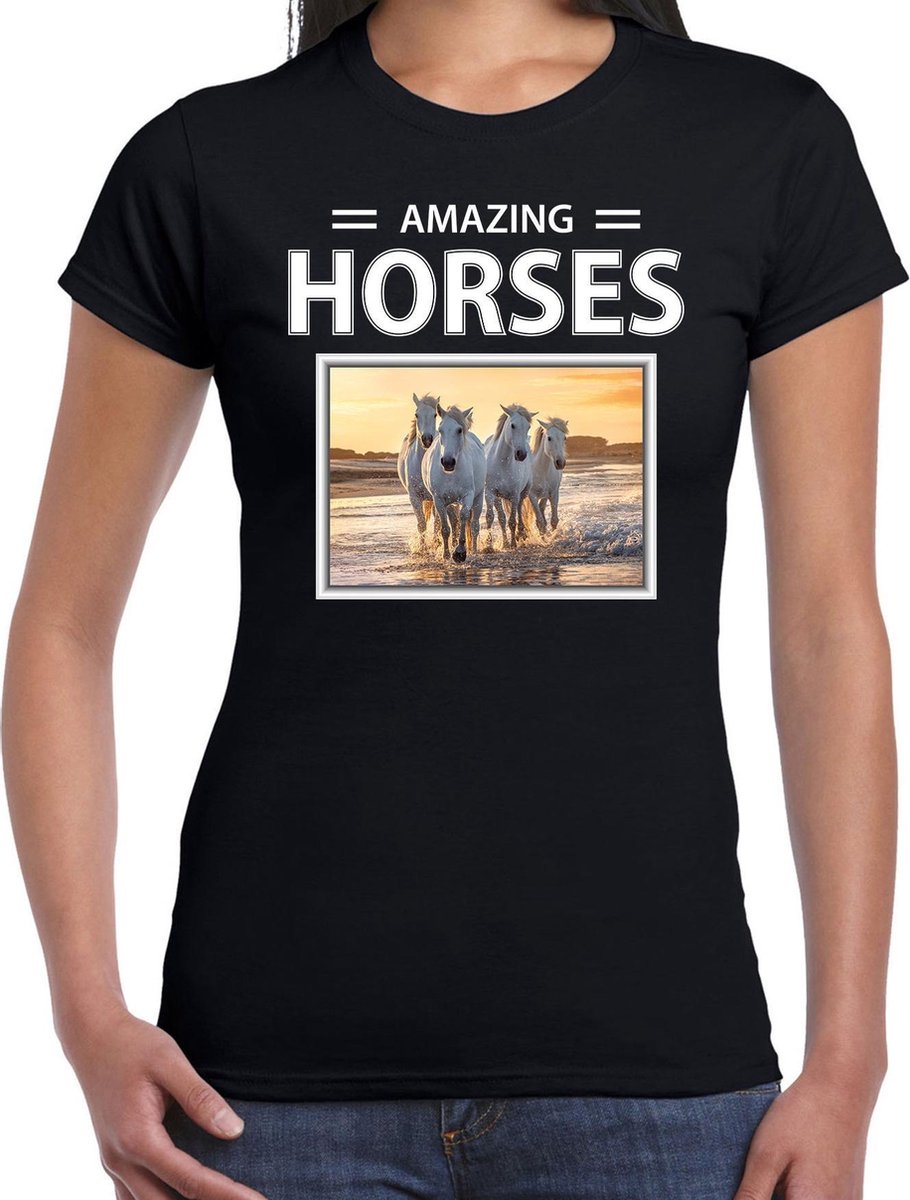 Dieren foto t-shirt wit paard - zwart - dames - amazing horses - cadeau shirt witte paarden liefhebber XS