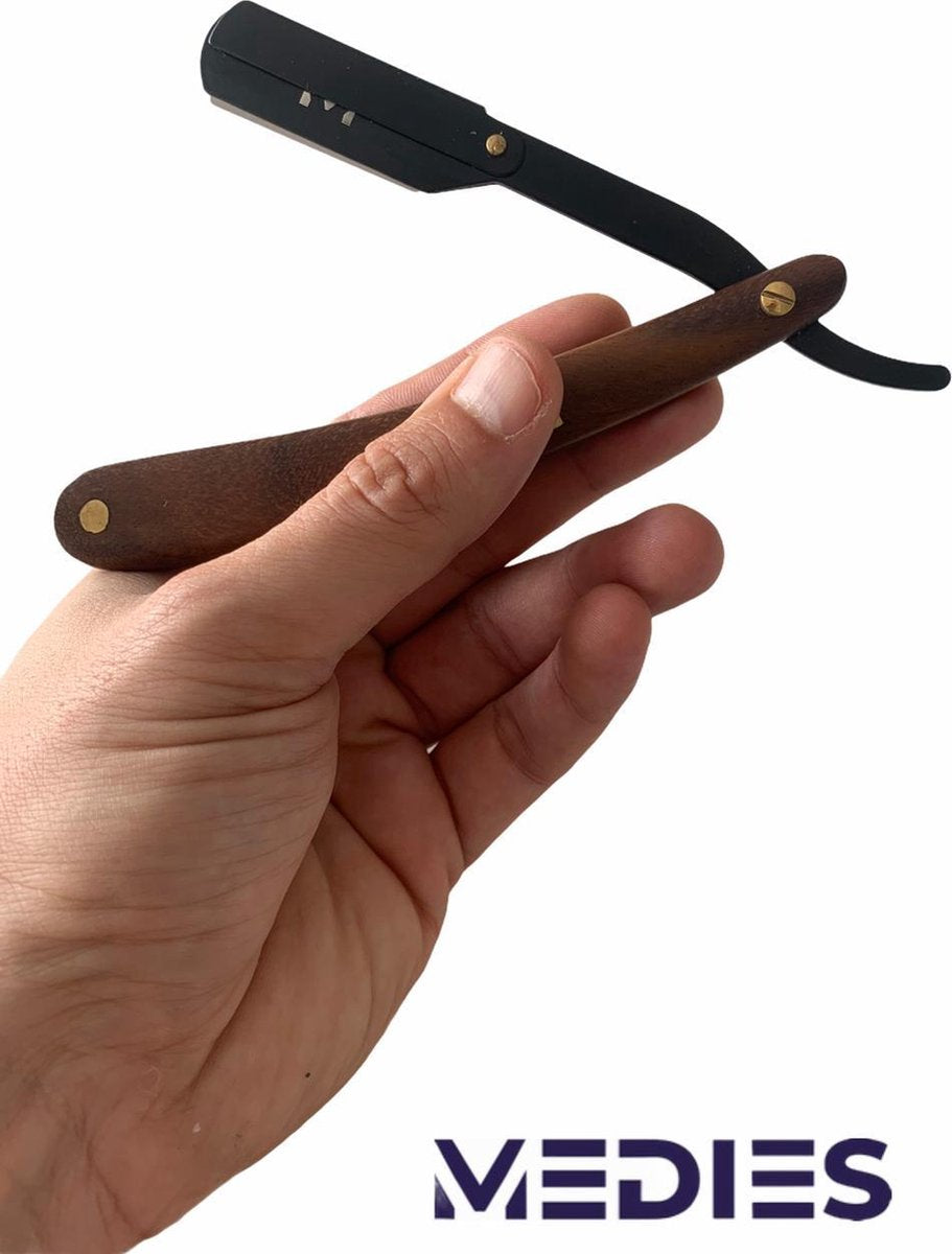 Medies - premium shavette | barbiersmes | open scheermes | shavette scheermes (inclusief 20 double edge scheermesjes en lederen etui) | shavette hout | straight razor | cut throat  -  baard