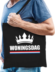 Woningsdag / katoenen tas zwart met  kroon voor heren - Koningsdag - thuisblijvers / Kingsday thuis vieren - tasje / shopper voor heren