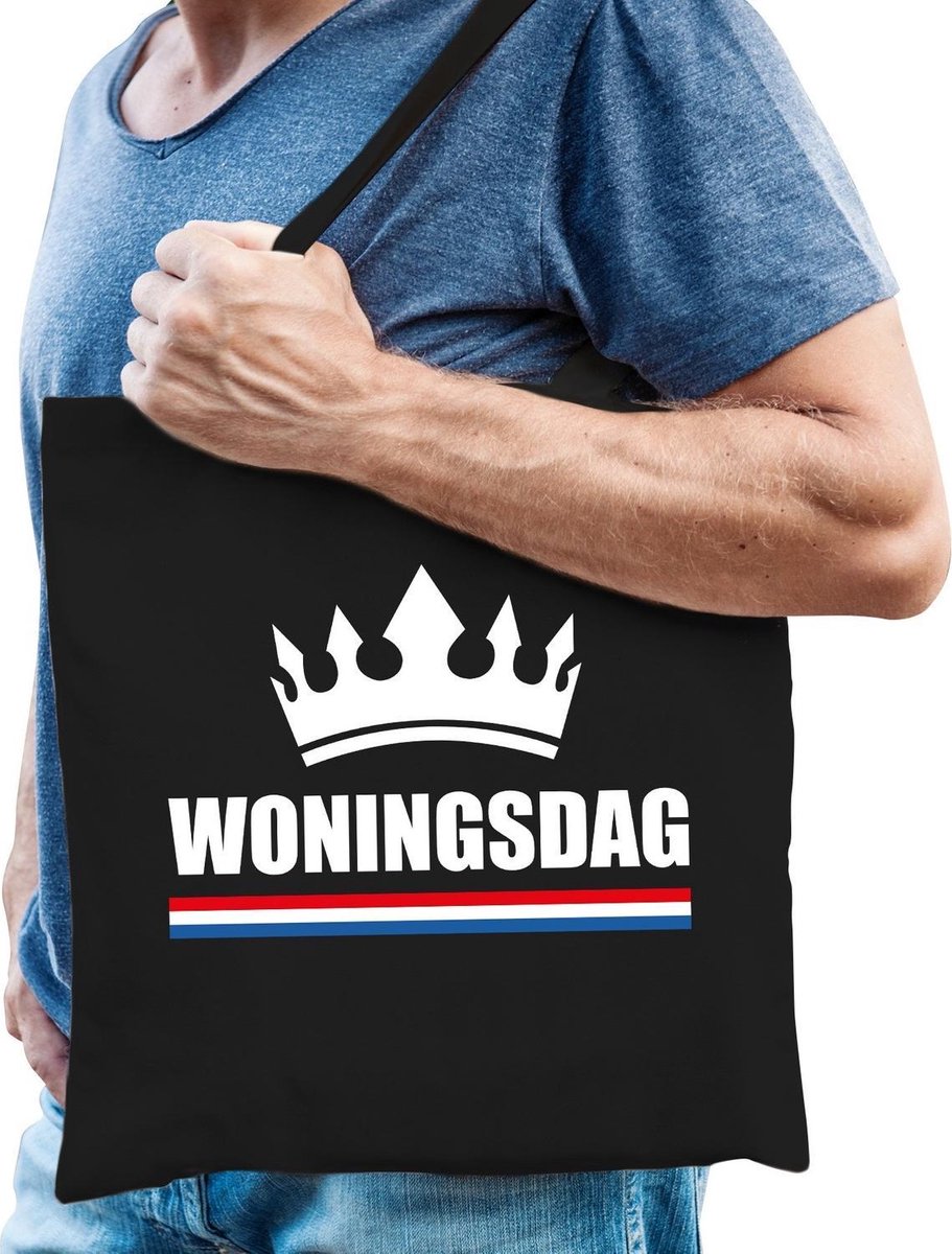 Woningsdag / katoenen tas zwart met  kroon voor heren - Koningsdag - thuisblijvers / Kingsday thuis vieren - tasje / shopper voor heren