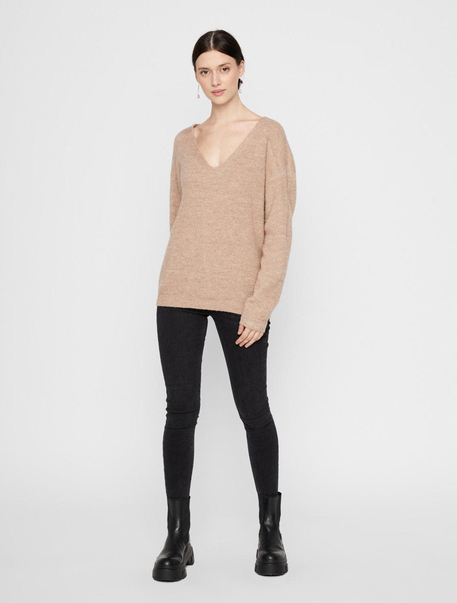 Pieces Dames 17106397 BABETT LS V-NECK KNIT NOOS Trui Natural - Maat L