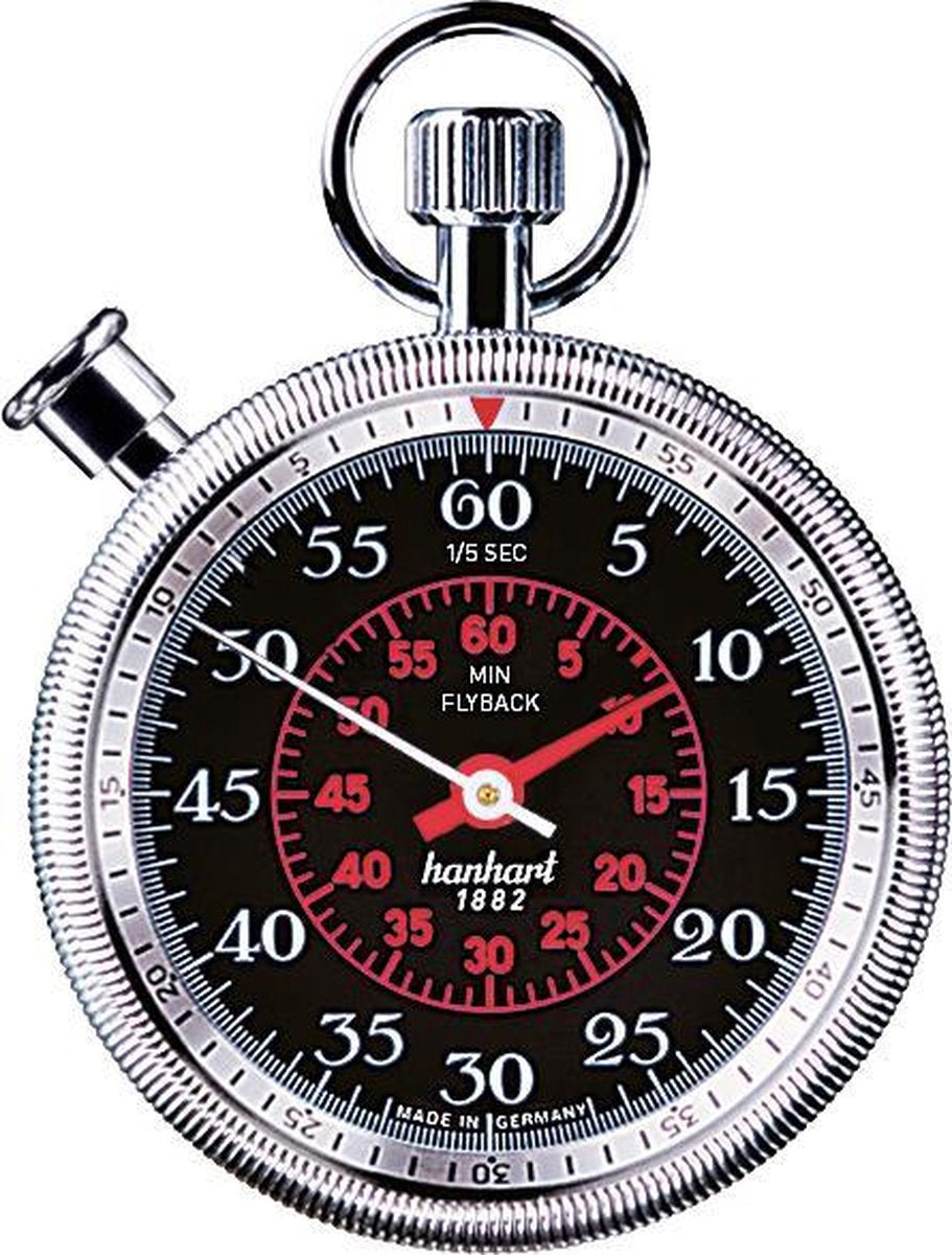 Hanhart Classic Rallye Stopwatch 185.8760-5E -  1/5 sec  -  megaminute-flyback  - addition stopper -zwarte wijzerplaat