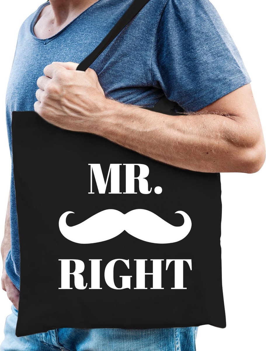 Mr right katoenen tasje met snor heren - Cadeau bruiloft/ vrijgezellen feest heren