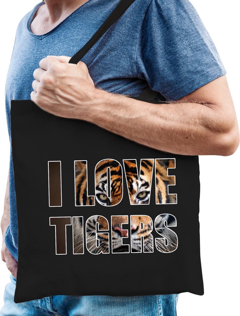 I love tigers / tijgers tas zwart heren - bedrukte dieren tassen - cadeau tas / shopper voor Siberische tijger liefhebbers