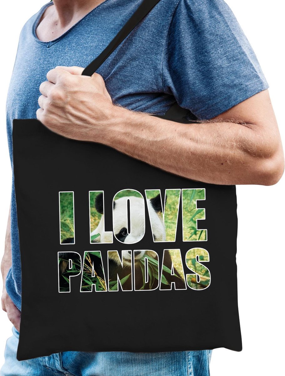 I love pandas tas zwart heren -  bedrukte dierentassen - cadeau tas / shopper voor panda / pandabeer liefhebbers