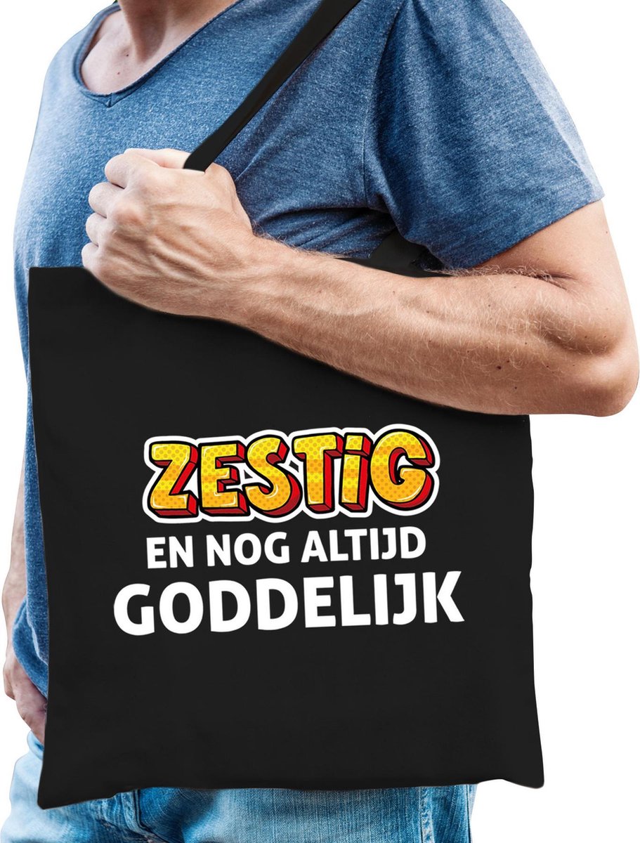 Zestig en goddelijk verjaardag katoenen tas - zwart - heren - 60 jaar cadeau tas / tasje / shopper