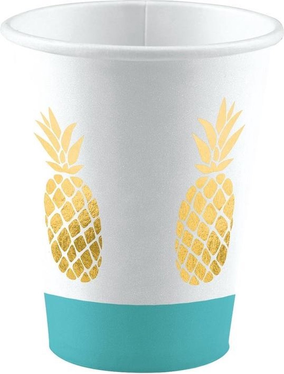 16x stuks Ananas thema bekertjes 250 ml - Tropische tafel feestartikelen