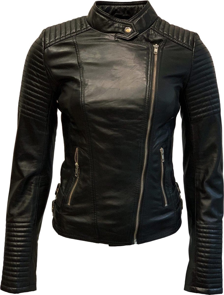 Zwarte leren bikerjack dames - Barcelona- 100% echt leer - Zwart - S