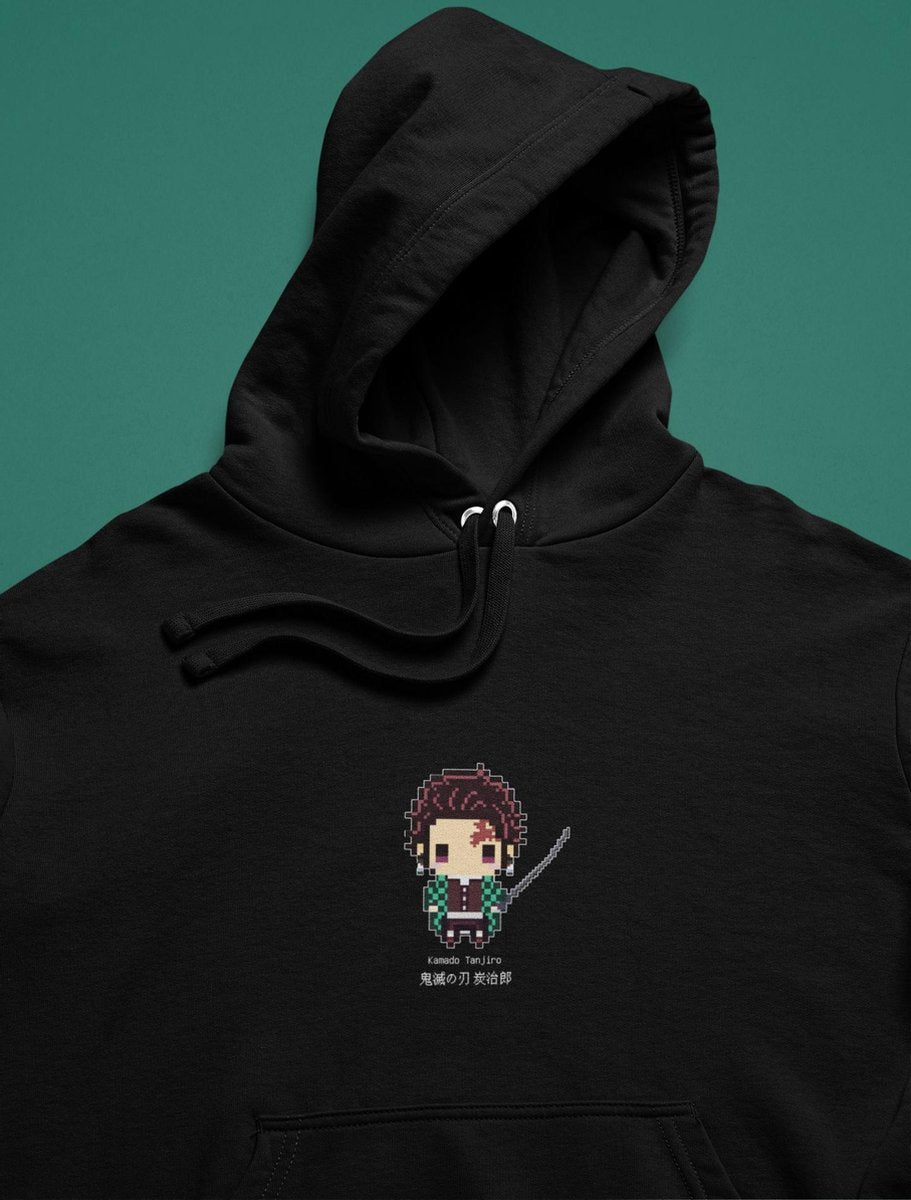 Demon Slayer Kimetsu No Yaiba Tanjiro Pixel Art | Anime Manga Merchandise | Fan Art Unisex Zwart Maat S Hoodie