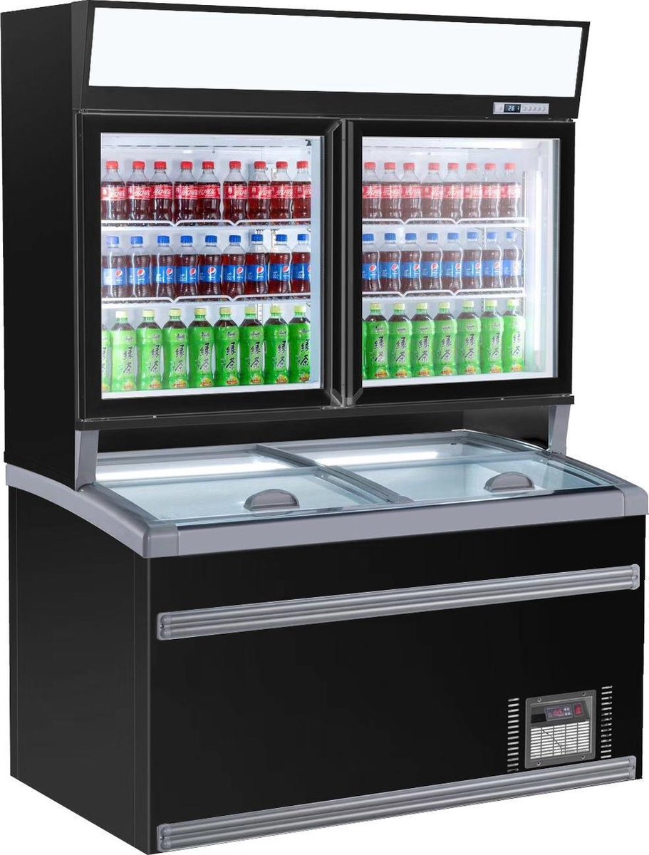 Professionele Combisteel Wand Koel/Vries Combi Zwart | 2 Glasdeuren | 7455.2510 | Horeca