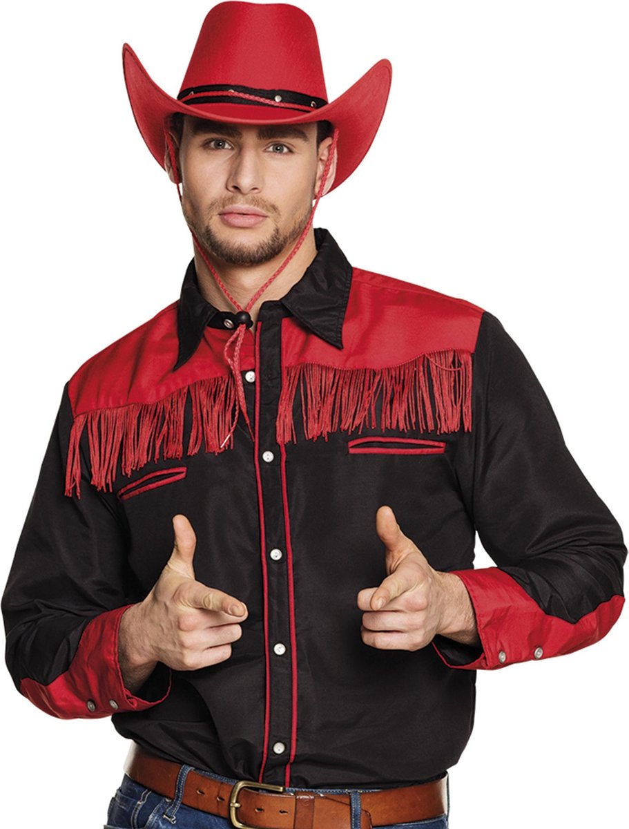 Zwarte en rode cowboy blouse met franjes voor volwassenen - Volwassenen kostuums