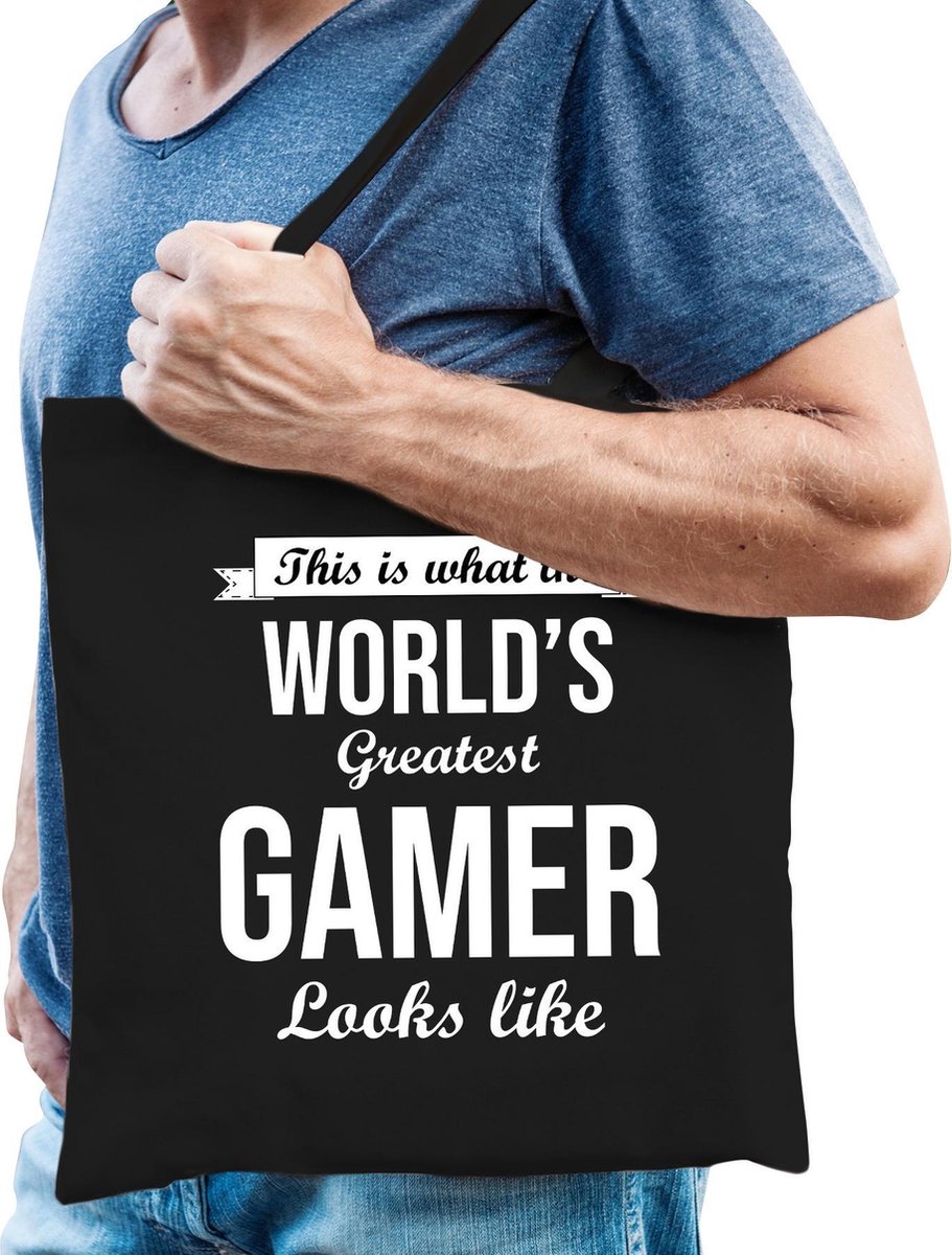 Worlds greatest GAMER cadeau tasje zwart voor heren - verjaardag / kado tas / katoenen shopper voor gamers