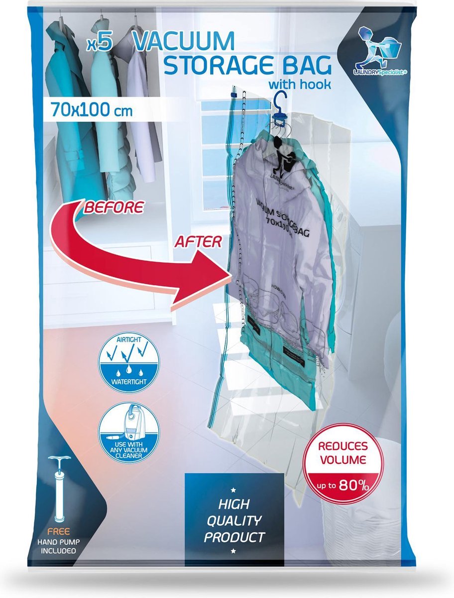 LaundrySpecialist® Handige vacuüm opbergzakken met haak 70x100 cm - set van 5