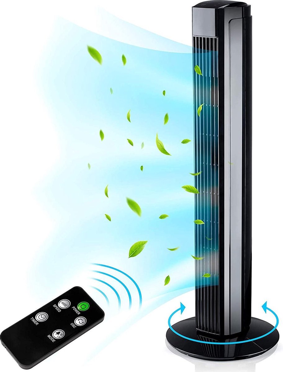 Tresko- Torenventilator zwart- oscillerend- 80 cm- 3 snelheden- timerfunctie met afstandsbediening