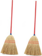 Set van 2x kinderbezems stro met rode steel 75 cm - Schoonmaakartikelen/Kamerbezems