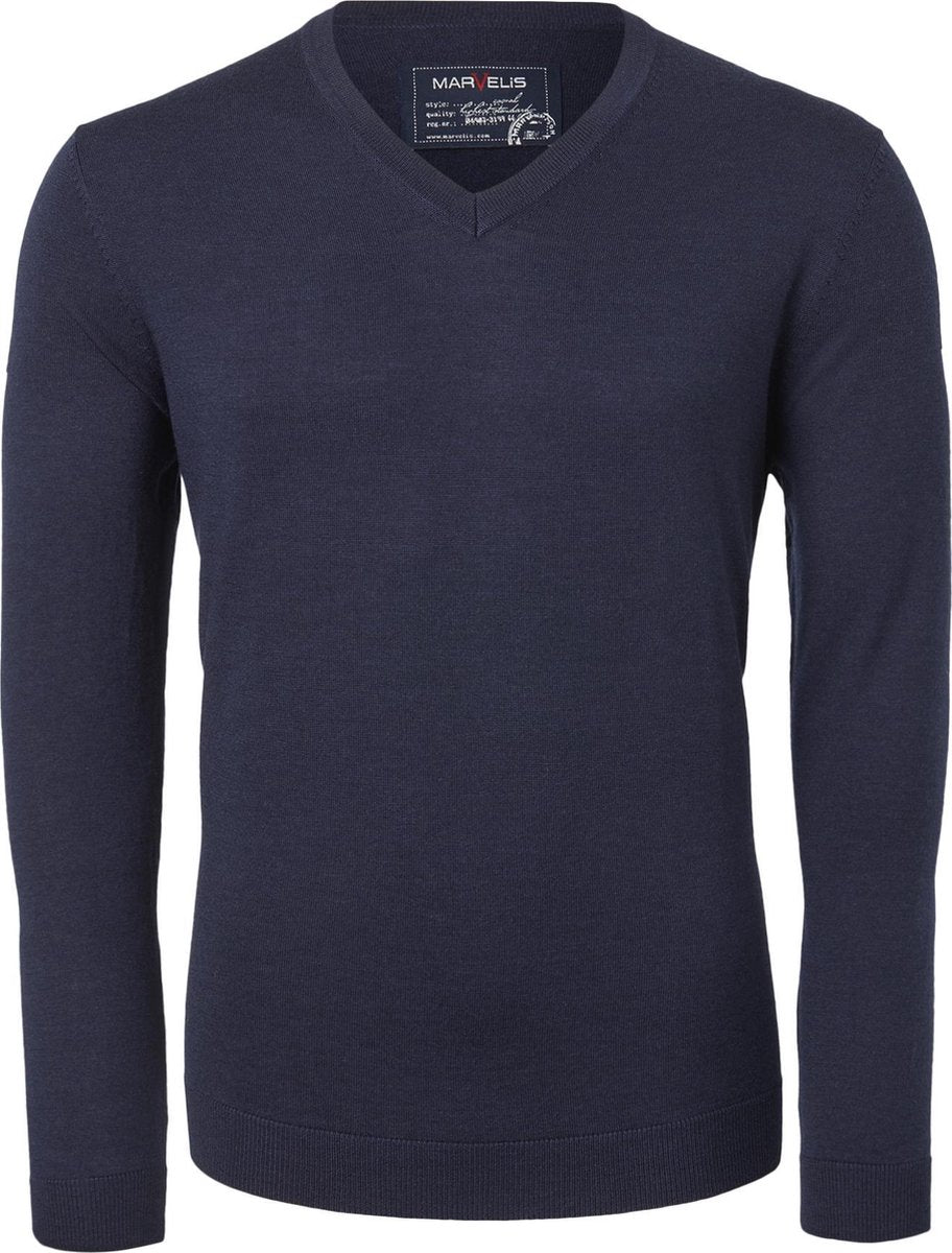 MARVELIS heren trui wol - V-hals - donkerblauw -  Maat: 3XL