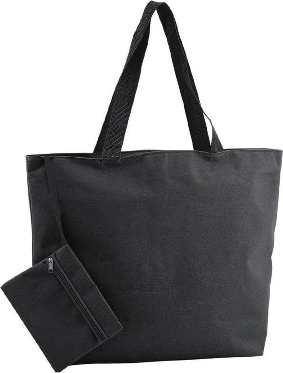 Polyester zwarte shopper/boodschappen tas 47 cm - Stevige boodschappentassen/shopper bag met rits