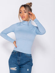 PARISIAN Rib Knit Polo Neck Long Sleeve Top -Dames Top - Blauw