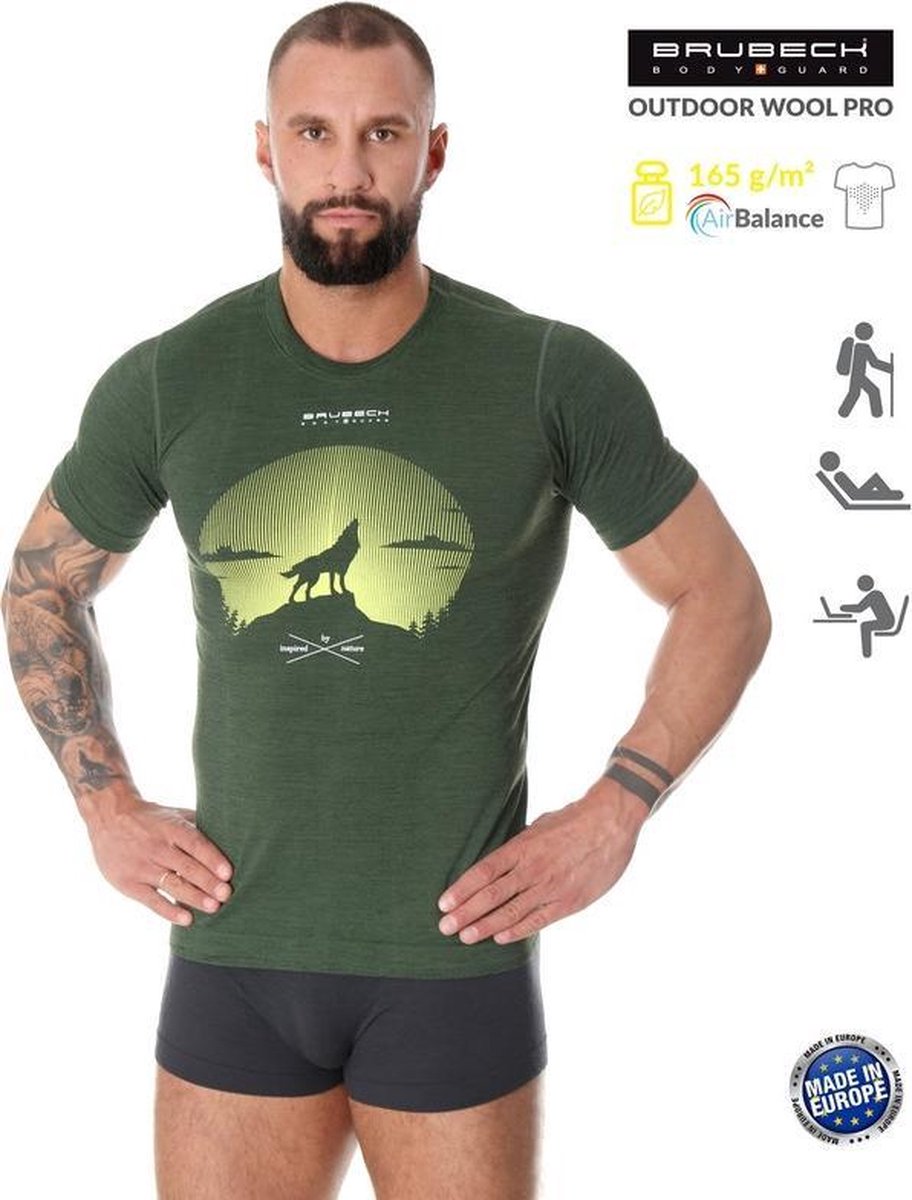 Brubeck Outdoor Wool Pro Wandelshirt Heren - AirBalance T-Shirt met Merinowol - Groen XL