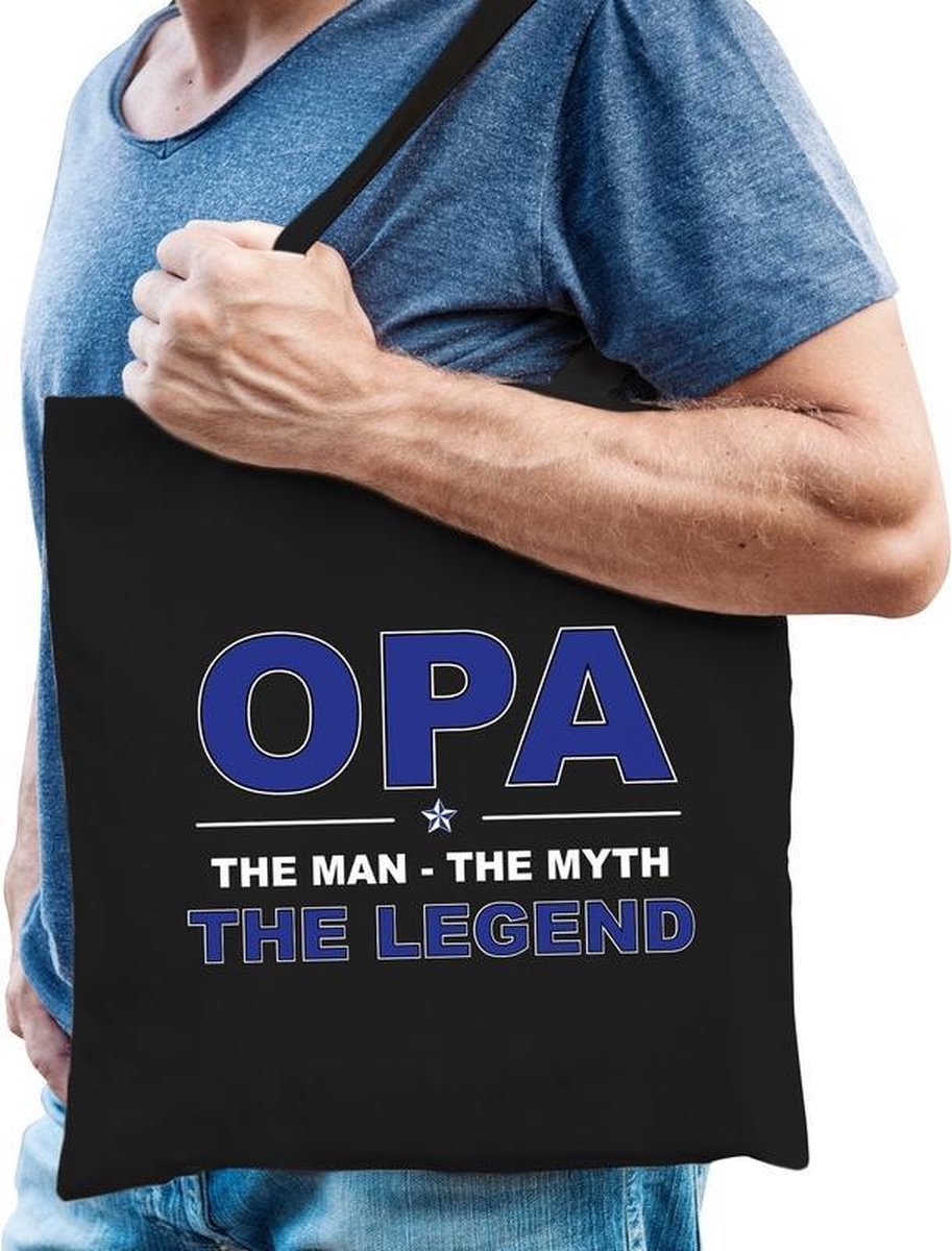 Opa the man the myth the legend katoenen tas zwart voor heren - cadeau / verjaardag tassen - kado /  tasje / shopper