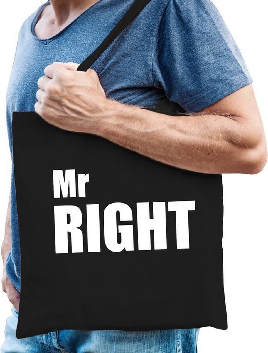 Mr right katoenen tas zwart met witte tekst - vrijgezellenfeest - tasje / shopper voor heren