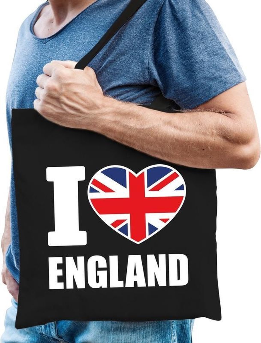 Katoenen Engeland tasje I love England zwart - 10 liter - Engelse landen cadeautas