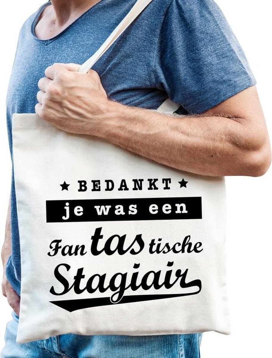 Cadeau tas wit katoen met de tekst Fantastische stagiair - kadotasje / shopper voor stagiair heren