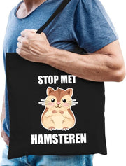 Stop met hamsteren katoenen tas zwart voor heren - hamsteraars kado /  tasje / shopper