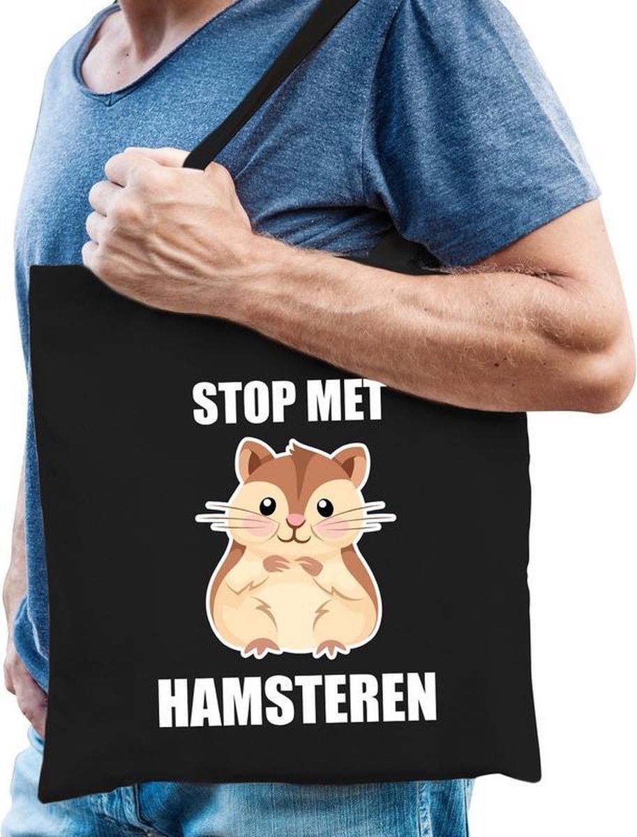 Stop met hamsteren katoenen tas zwart voor heren - hamsteraars kado /  tasje / shopper