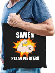 Samen staan we sterk katoenen tas zwart voor heren - solidariteit tassen - kado /  tasje / shopper
