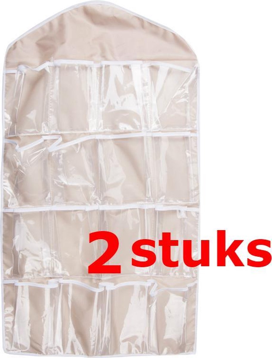 2 STUKS Ophangbare Opbergzak / Organizer met Ophanghaak | Multi Functionele Opbergzak voorzien van 16 Opbergvakken | Voor: Sieraden / Sokken / Ondergoed / Lingerie etc. | Kleding organizer | Handig Opbergen In uw Kledingkast | Kleur: BEIGE (2 Stuks)