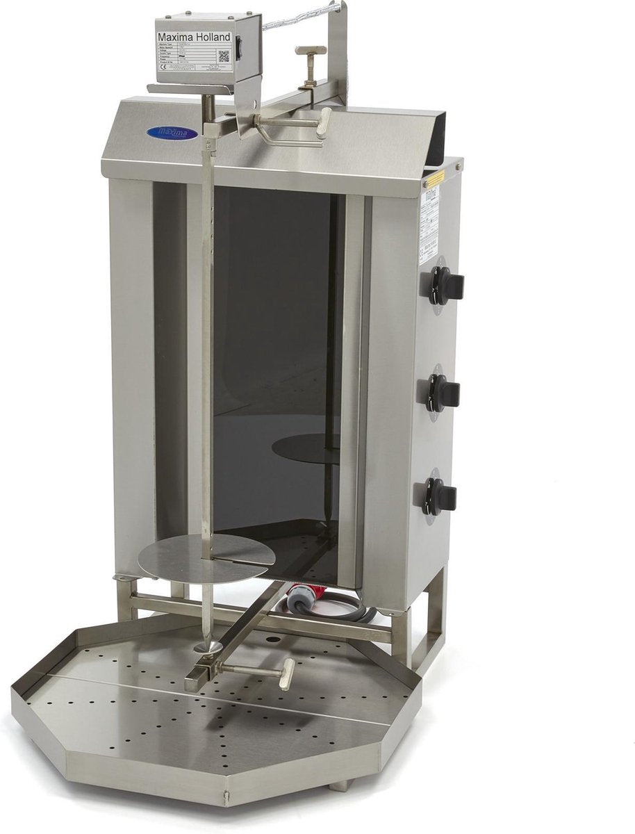 Doner Kebab / Gyros / Shoarma Grill 3 Branders - 400V - RVS - Max. 30 kg Vlees - Verstelbare Spies - Links + Rechts Draaiend - Doner Grill - Maxima