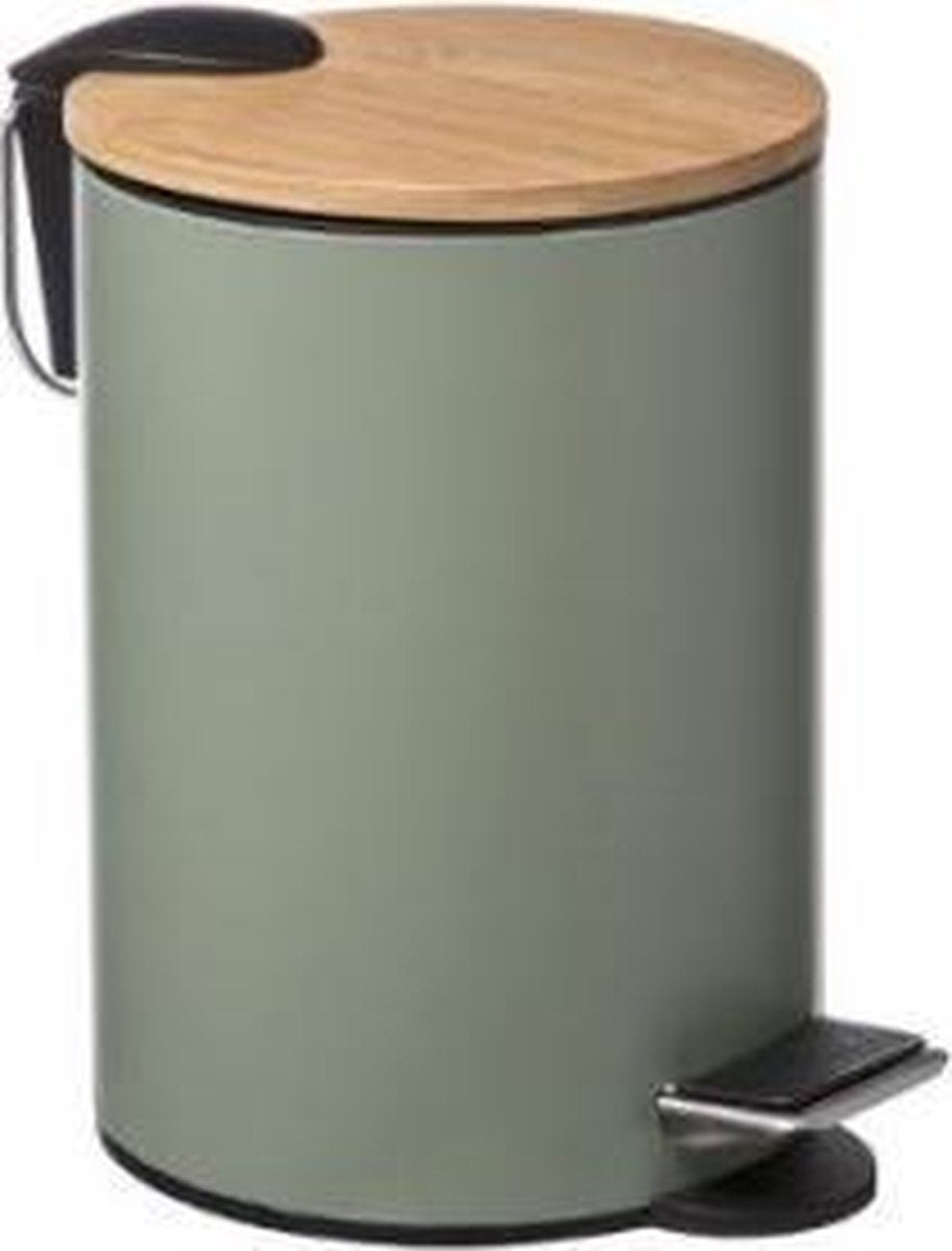 Pedaalemmer 3 liter met Bamboe Deksel ▪ Kaki Groen / Bamboe ▪ Vuilnisbak ▪ Afvalbak ▪ Softclose ▪ Stijlvol & Compact voor in de Badkamer - Toilet - Kantoor - Slaapkamer