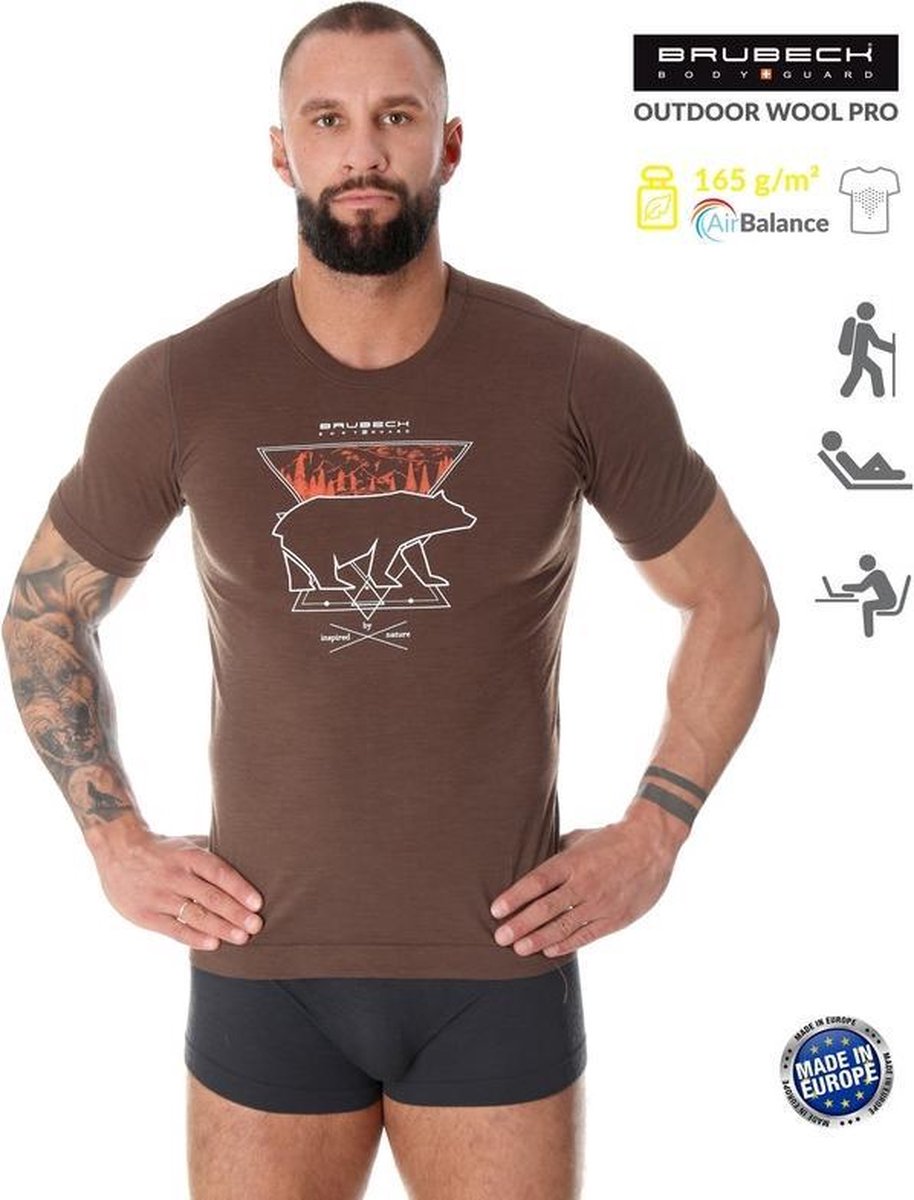 Brubeck Outdoor Wool Pro Wandelshirt Heren - AirBalance T-Shirt met Merinowol - Bruin XL
