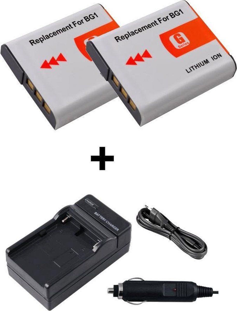 Lader voor Sony NP-BG1 plus 2 accu's	 Geschikt voor thuis (wereldwijd) en in de auto