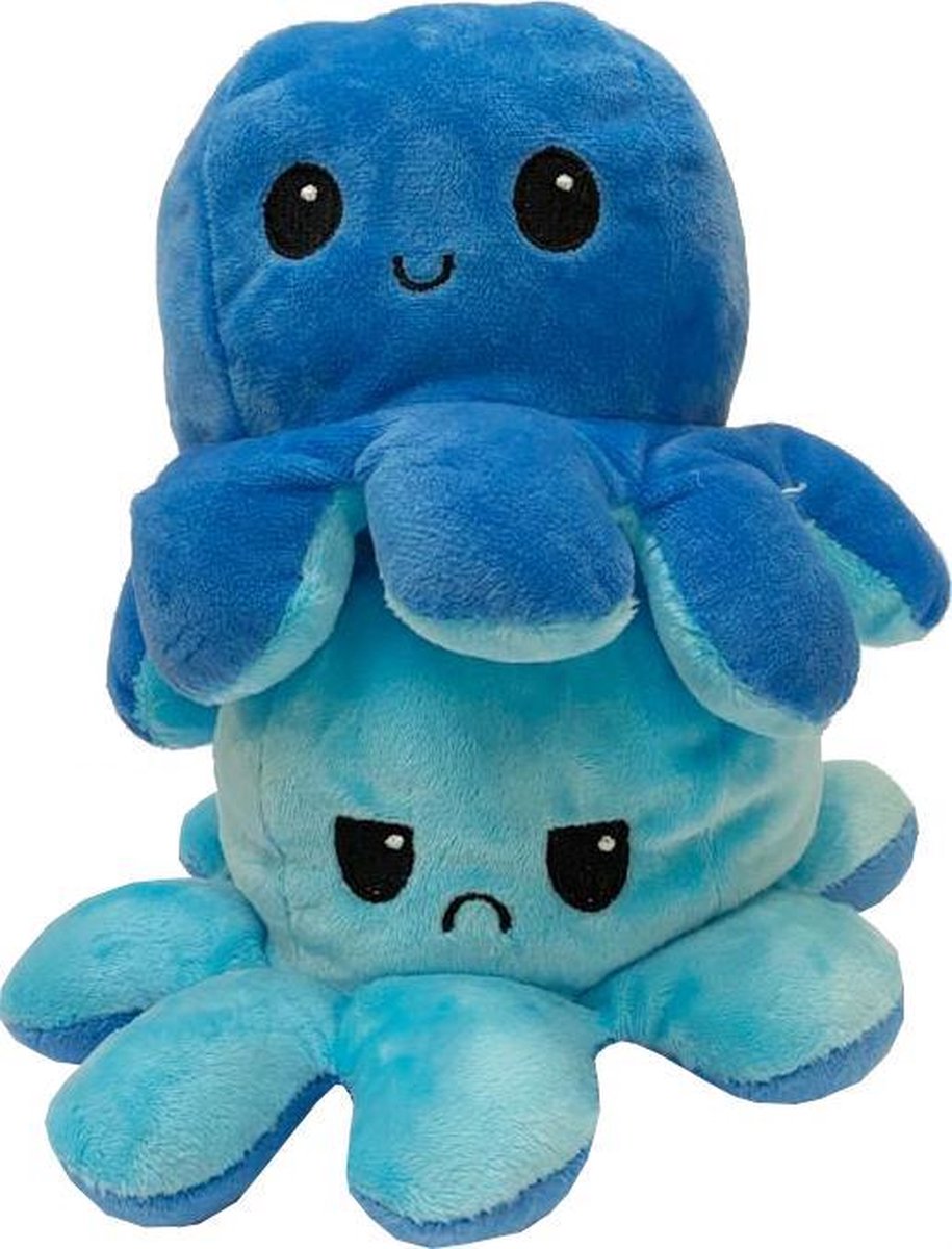 Kawaii Octopus Knuffel Plush - 15CM Omkeerbaar Lichtblauw / Donkerblauw - Blij / boos - Schattig