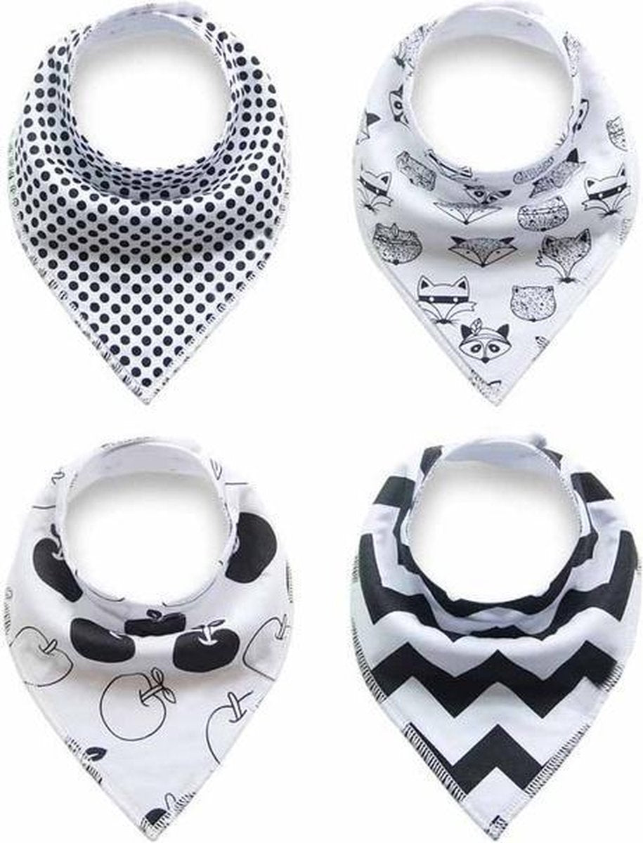 JillyBee - Slab - Slabbetje - Slabber - Bandana - 4pack - Vosjes - Stippen - ZigZag - Appels - Zwart - Wit