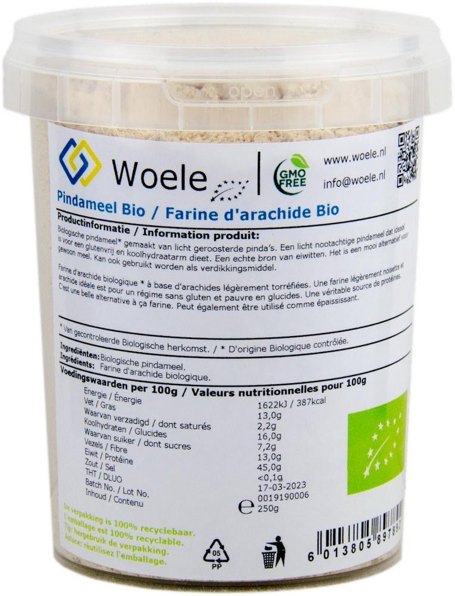 Pindameel fijn biologisch 250g GMO vrij alternatief voor meel