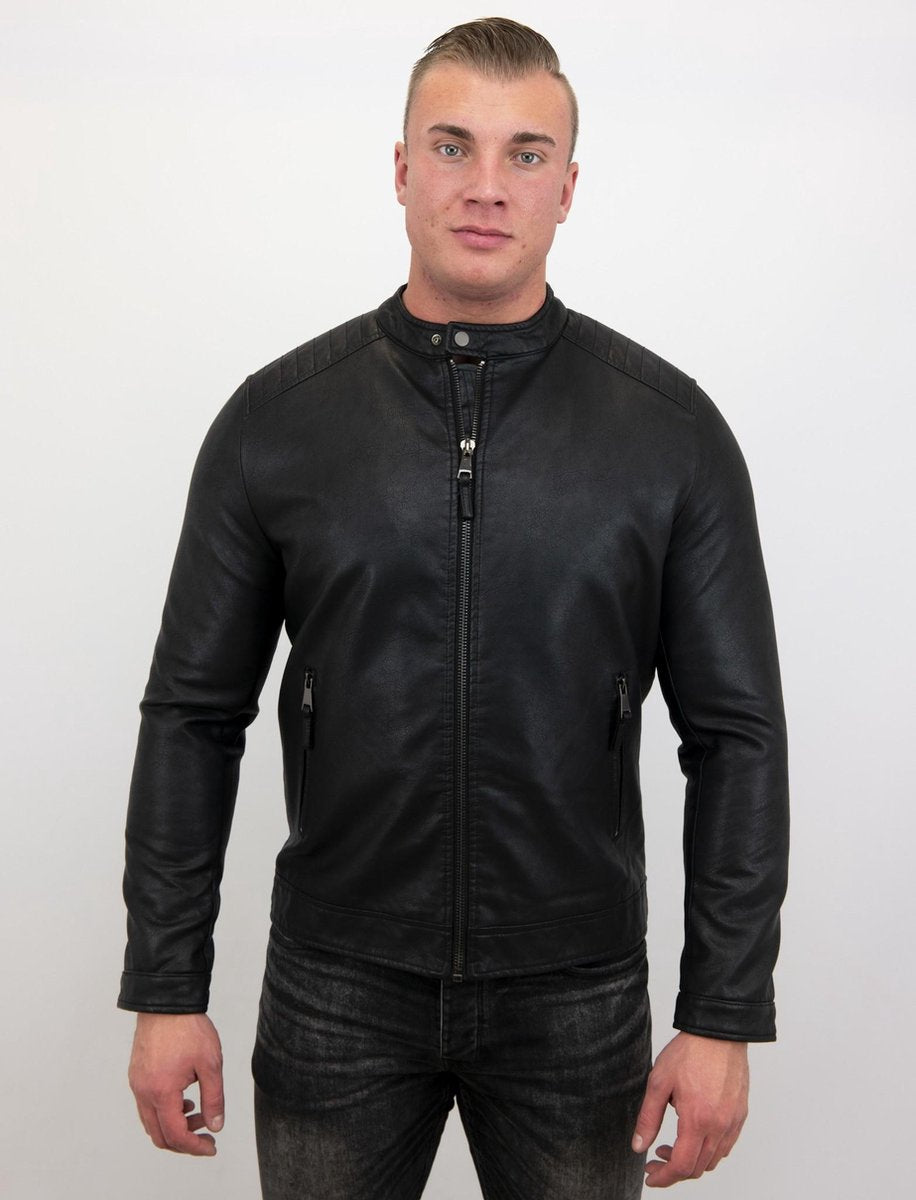 Enos Nep leren Jack heren - Biker jas - Zwart - Maten: S