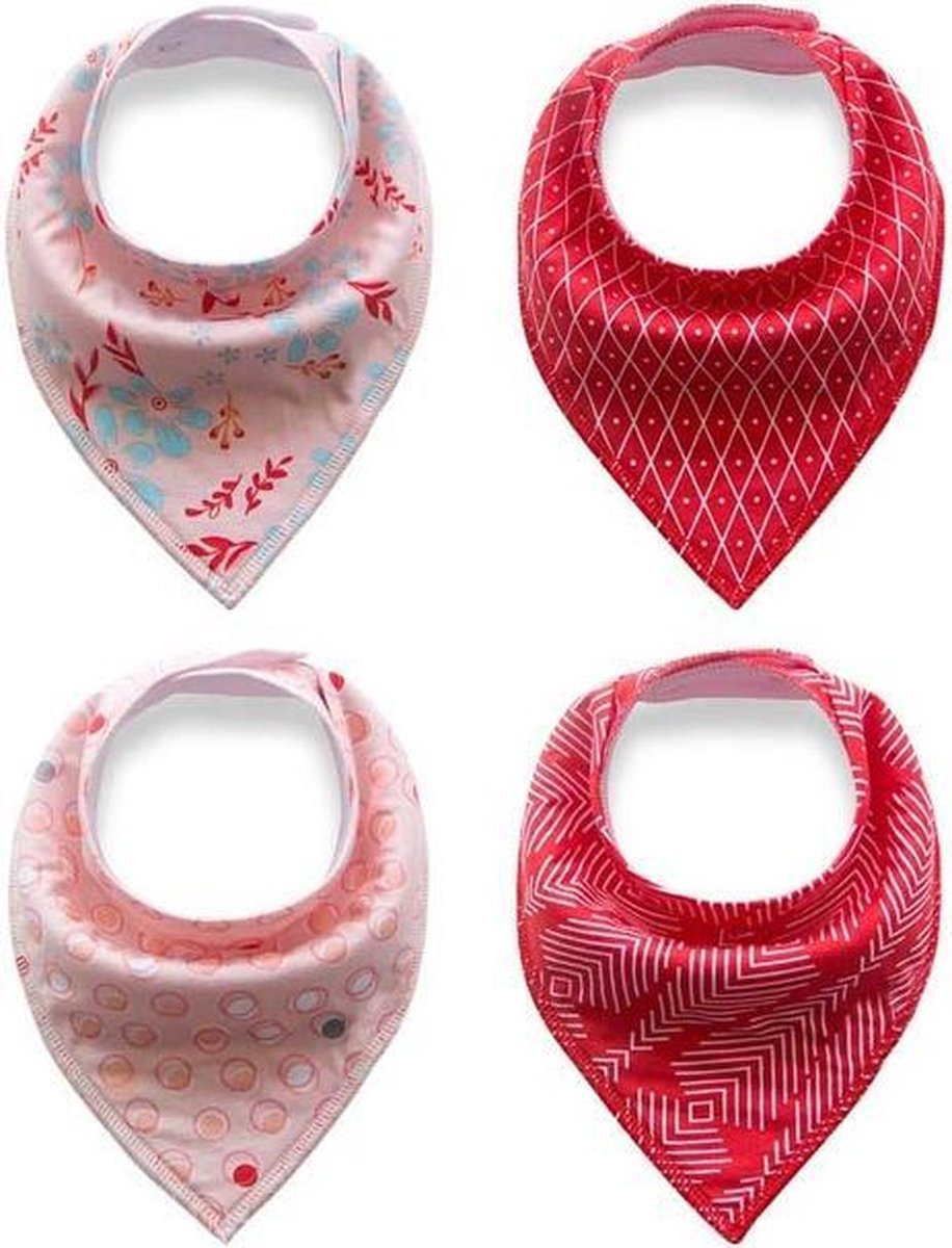 JillyBee - Slab - Slabbetje - Slabber - Bandana - 4pack - Bloemen - Stipjes - Ruitjes - Rondjes - Rood - Roze - Wit