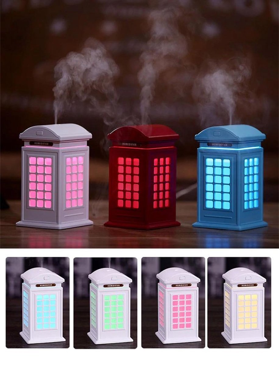 300ml ultrasone luchtbevochtiger | Telephone booth | USB | geurverspreider | etherische olie | Aroma therapie | 7 Kleuren LED Nacht lamp | Wit