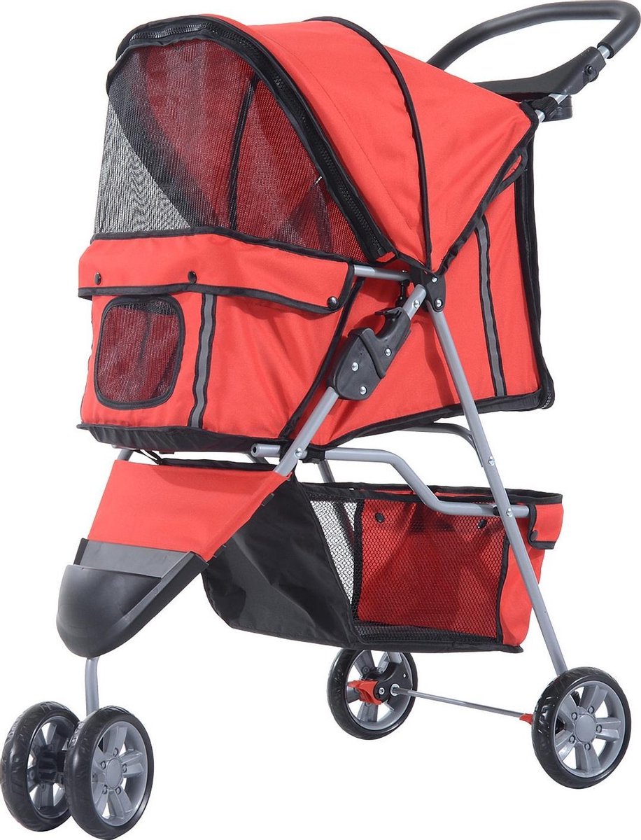 PawHut Hondenbuggy met zonnedak en opbergnet rood 75 x 45 x 97cm