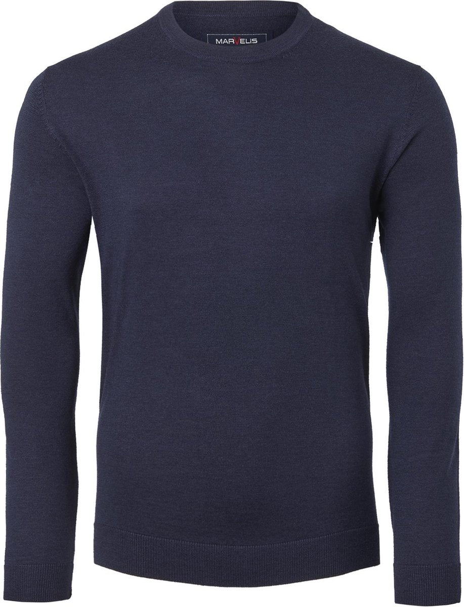 MARVELIS heren trui wol - O-hals - donkerblauw -  Maat: L