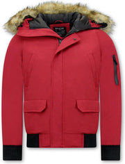 Enos Korte Heren Winterjas – Met Faux Bontkraag – Rood - Maat: S